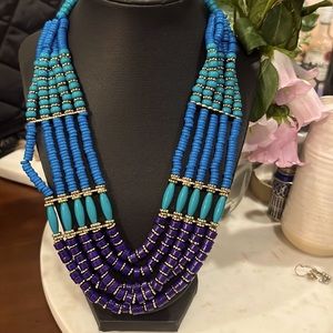 Turquoise teal blue purple gold beaded multi strand statement necklace